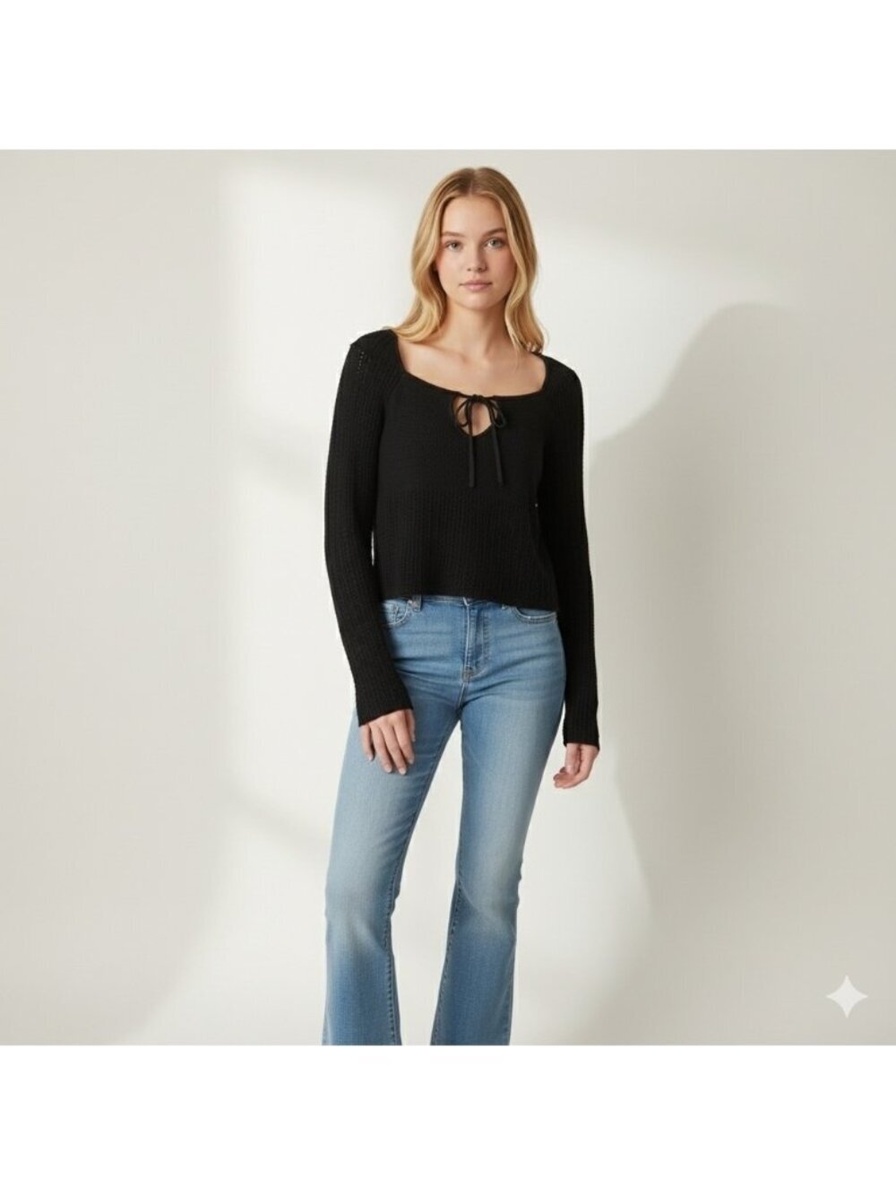 American Eagle Black Crochet Long Bell Sleeve Cropped Sweater Size XL Boho Y2k